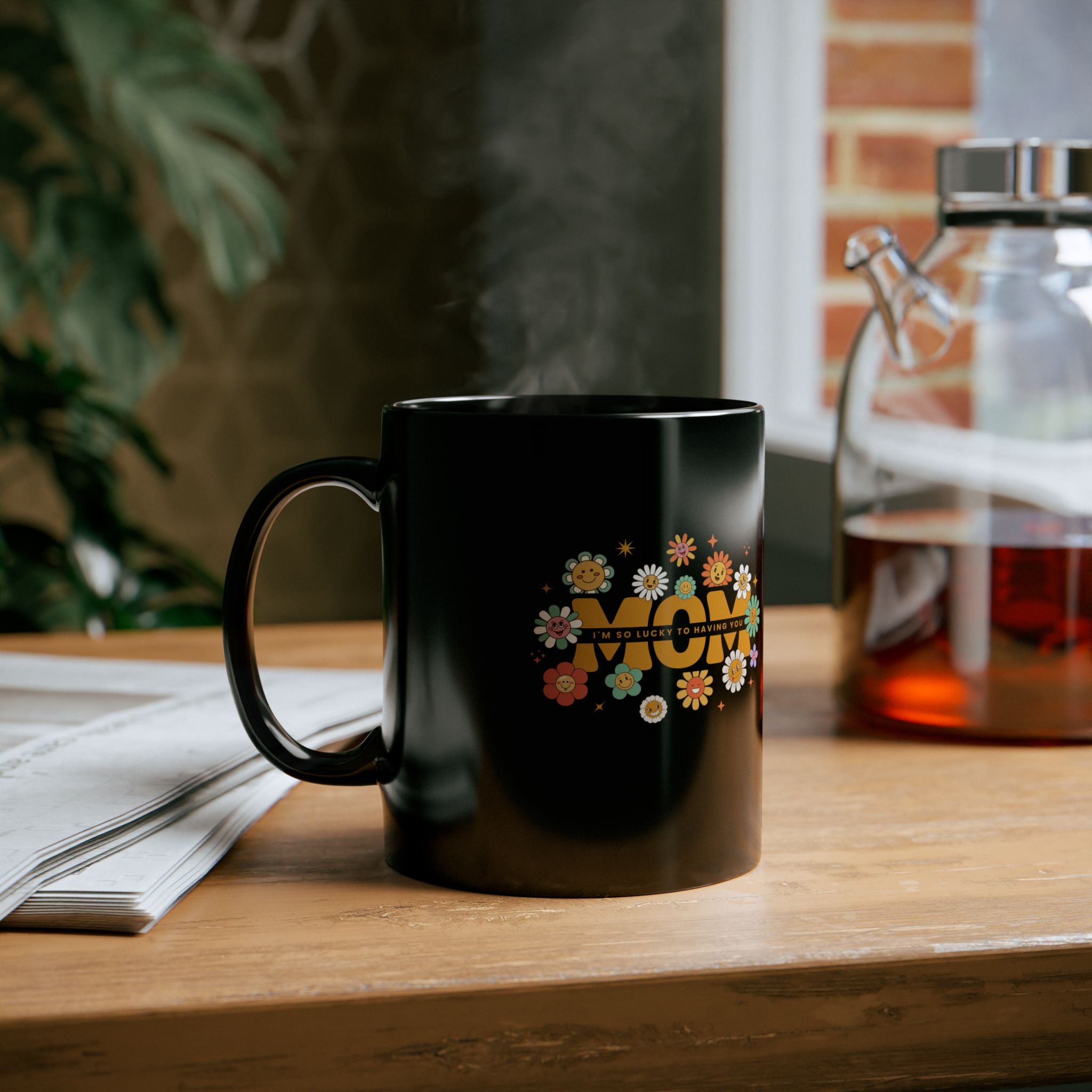 Retro Floral Black Mug